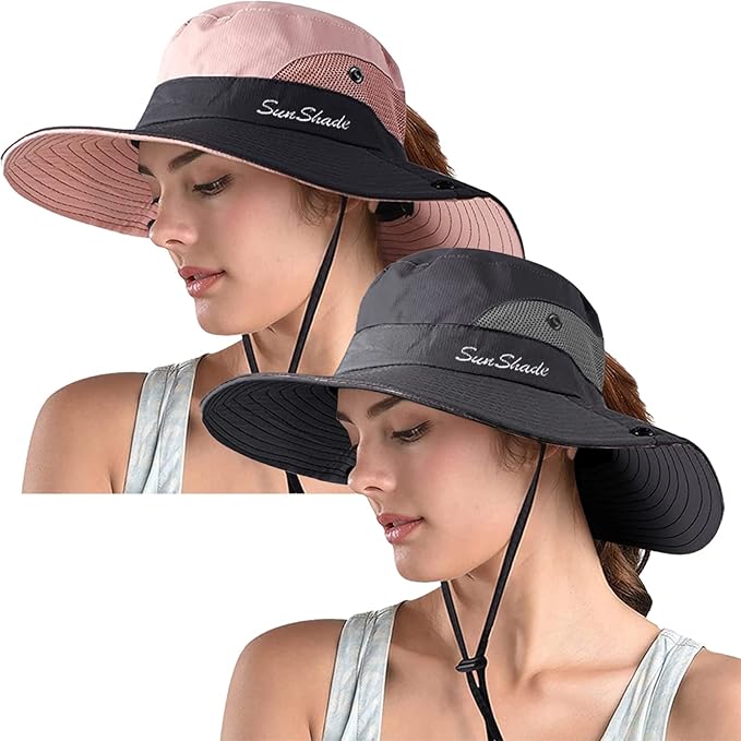 ZOORON Women's Ponytail Safari Sun Hat,Wide Brim UV Protection Outdoor Bucket Hat,Foldable Beach Summer Fishing Hat