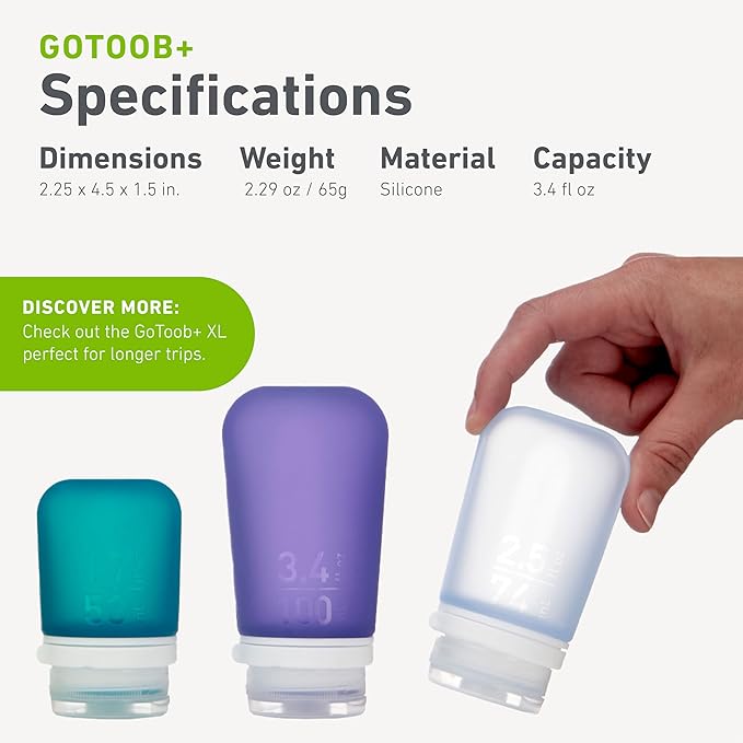 humangear GoToob+ 3-Pack (Large) | Refillable Silicone Travel Bottle | Locking Lid | Food-Safe Material, Clear/Red/Orange, Large (3.4 fl.oz.; 100ml)