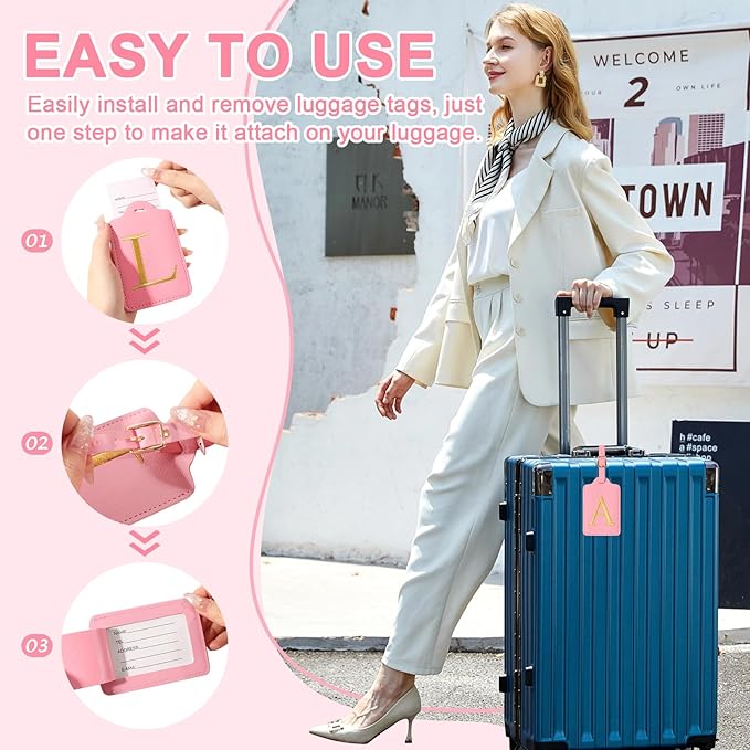 Personalized Initial Luggage Tags for Suitcase, Pink Leather Cute Luggage Tags with Privacy Cover Name Card, Embroidered Custom Monogrammed Luggage Tag Travel Bag Baggage Tags Gifts for Women Kids(A)