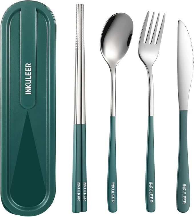 Travel cutlery set, 18/8 stainless steel cutlery, Reusable utensils set with case, Portable Silverware Lunch Box for Camping and Office