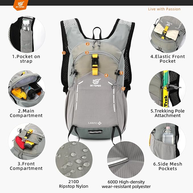 SKYSPER Small Hiking Backpack - 15L Travel Daypack Lightweight Bag Water Resistant Hiking Backpacks for Women Men