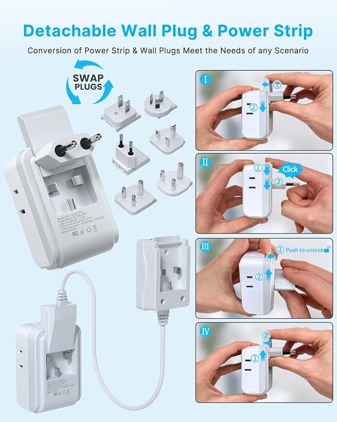 VINTAR Universal Travel Adapter Kit, 0.5ft Detachable Extension Cord with 4 AC Outlets & 3 USB(2 USB C), Type A/C/G/D/I/M International Power Adaptor for US to Europe UK India South Africa Japan