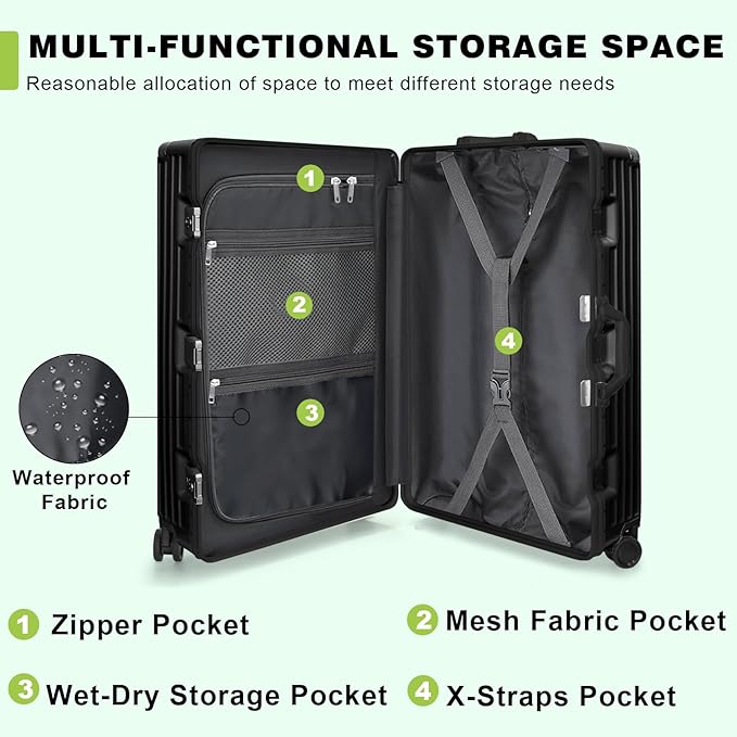 AnyZip Carry On Luggage PC+ABS Aluminum Frame Zipperless Luggage Hard Shell Suitcase with TSA Lock Double Spinner Wheels 20 Inch Black