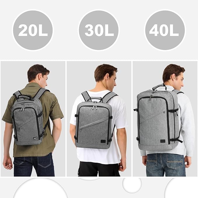 Kono Carry on Backpack, 18" Airplane Approved Under Seat Travel Backpack for Men and Women, Waterproof Lightweight Daypack for Flight 30L (Grey, Medium)