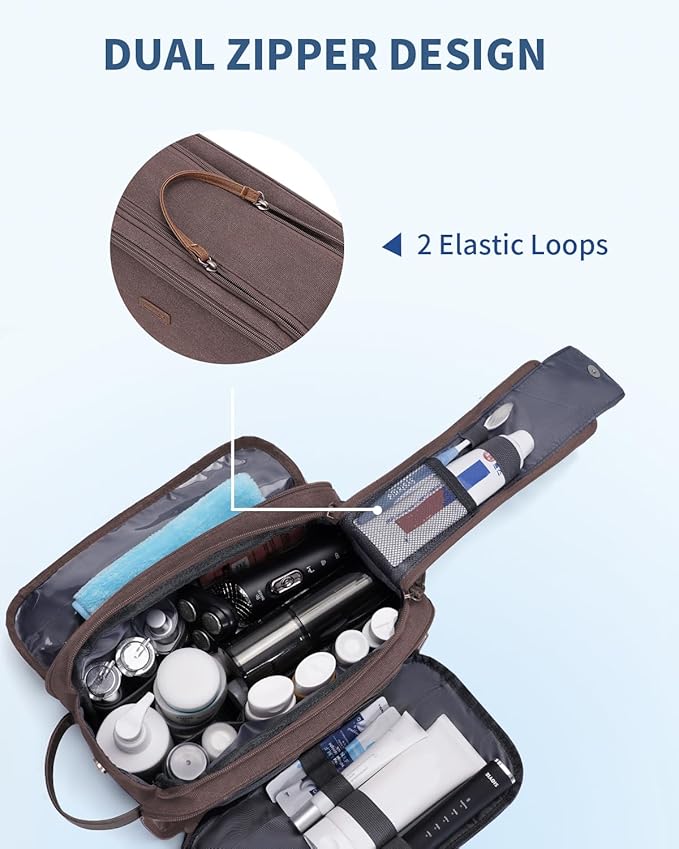 WANDF Toiletry Bag for Men Travel Toiletry Organizer Canvas and Leather Dopp Kit Water-Resistant Shaving Bag for Travel Accessories (Brown, Large)