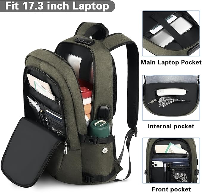 AMBOR Anti Theft Backpack, 15.6-17.3 inch Business Laptop Carry on Backpack with USB Charging Port and Headphone Interface, Travel Backpack for Men & Women
