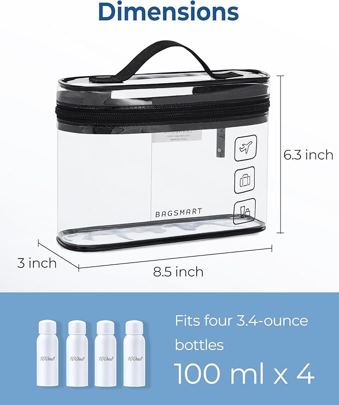 BAGSMART TSA Approved Toiletry Bag, 2 Pack Clear Makeup Cosmetic Bag Organizer, Quart Size Travel Bag for Toiletries, Carry-on Travel Accessories Essentials, Gray-2pcs