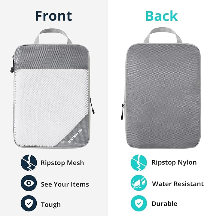 6 Set Compression Packing Cubes for Travel - Compressible, Lightweight, and Space-Saving Packing Cubes, Travel Essentials for Women, Grey