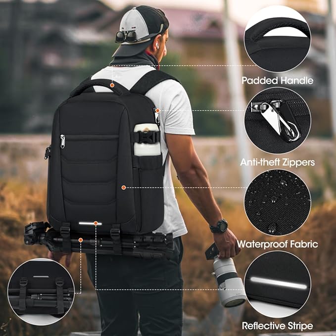 SDYSM Camera Bag Backpack Professional for DSLR SLR Mirrorless Camera Waterproof Laptop Back Pack 15.6 Inch with Rain Cover Anti Theft Travel Case Large Capacity Photography Backpack Black