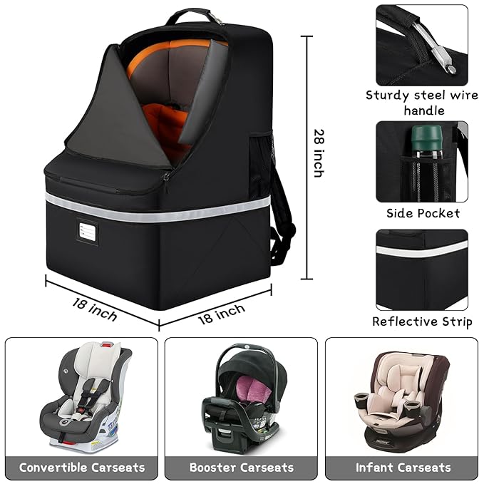 Car Seat Travel Bag,Padded Car Seats Backpack with Steel Cable Handle and Reflective Stripes, Large Durable Carseat Carrier Bag,Airport Gate Check Bag,Infant Seat Travel Bag with Shoulder Strap,Black