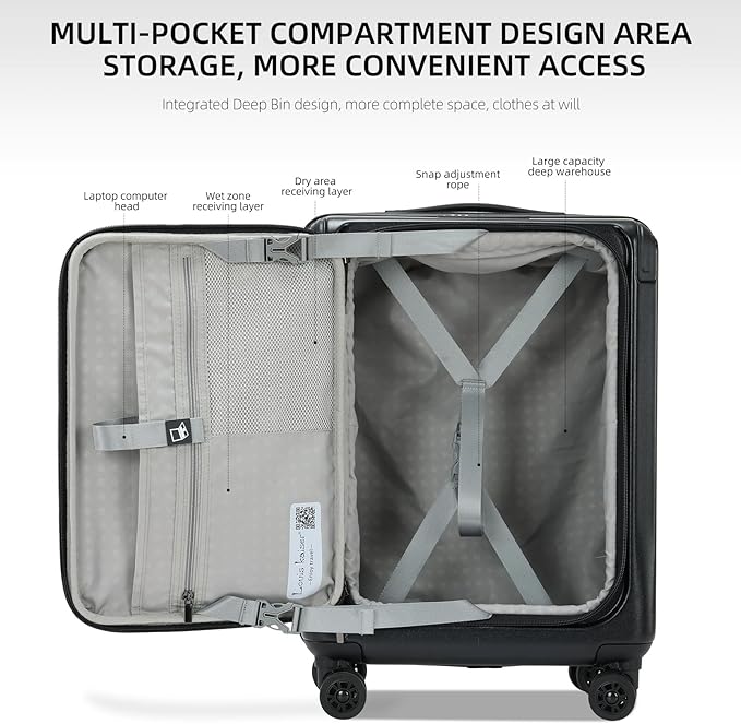 Carry On Luggage, 20 Inch Top Opening Aluminum Frame Lightweight Airline Approved ABS+PC Hard Shell Suitcases with Silent Wheels, TSA Lock, Front Pocket & Wet-dry Separated Six-piece Set (20IN, Black)