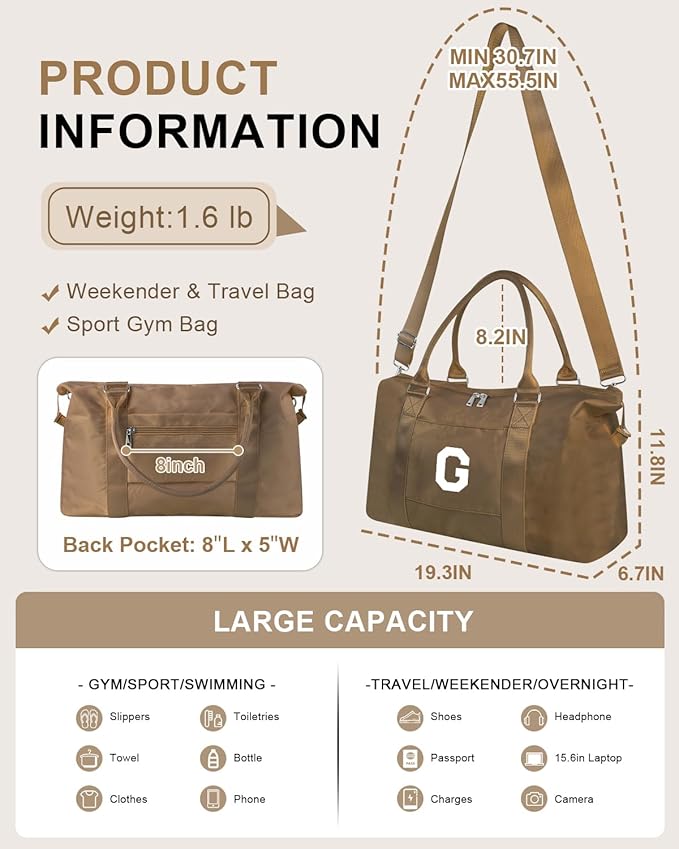 Birthday Graduation Gifts for Daughter,Initial Travel Duffel Bag Sports Gym Bag for Girls Teen Kids Birthday Gifts,Personalized Weekender Bag Carry On Tote Bags Cute Overnight Bag for Women(Brown, G)