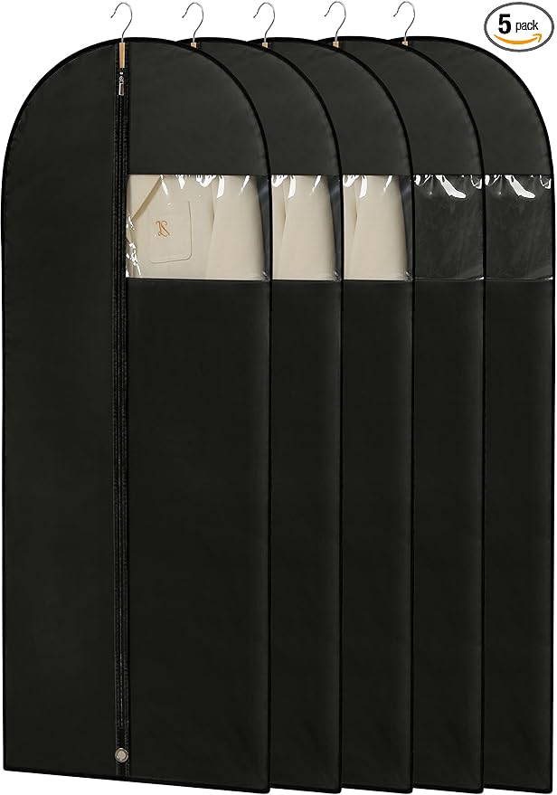 Dress Bags for Gowns, 65'' Long Garment Bags for Hanging Clothes, Dress Garment Bag, Black Dress Bag with Clear Window for Dresses, Coats, Uniforms（5 Packs）