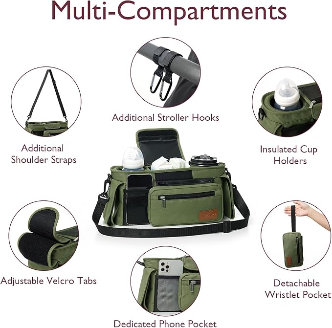 Momcozy Universal Baby Stroller Organizer, 2 Insulated Cup Holder, Detachable Zippered Pocket, Adjustable Shoulder Strap, Large capacity for baby essentials, Compact Design Fits Any Strollers