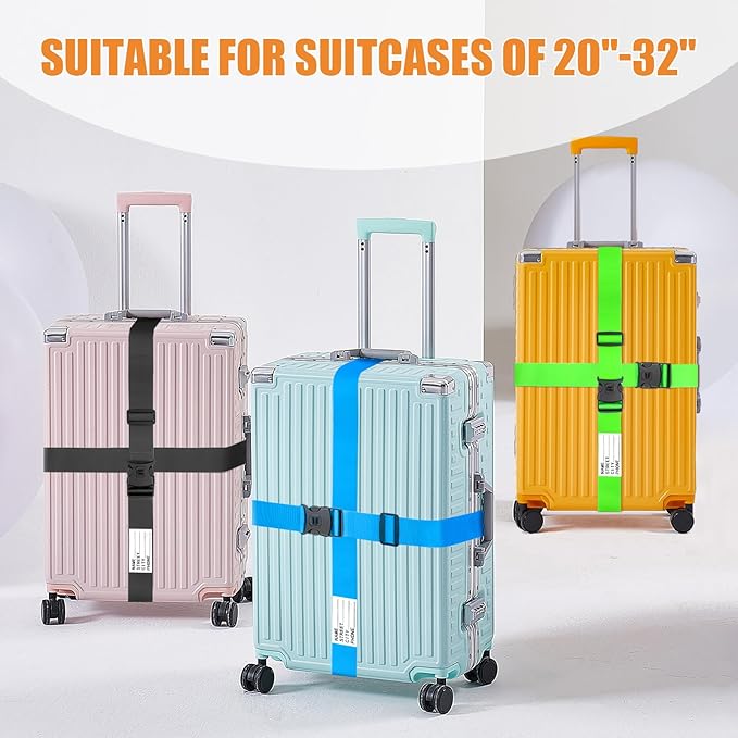 BILIONE Luggage Straps 88 inch Adjustable Suitcase Belt, Lockable Against Accidental Opening, Easy to Identify Travel Accessories, Add a Bag Connector(Versatile Black, 2)