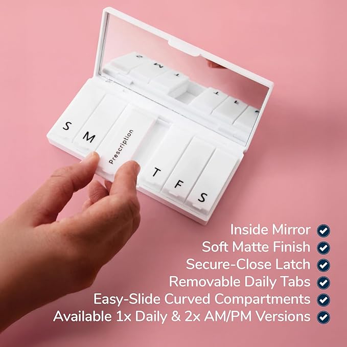 PORT X POLISH Designer Weekly Pill Box Organizer (AM/PM 2X Daily, Blush Pink) | Compact, Stylish 7-Day Vitamin Supplement Case | Cute Portable Mini Travel Medicine Carrier | BPA-Free Pillbox Caddy