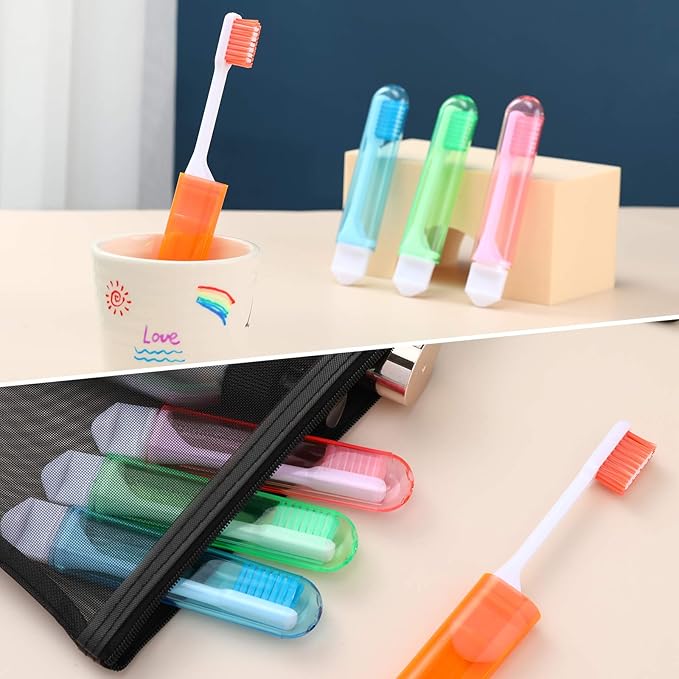 Patelai 4 Pieces Travel Toothbrush Set, Soft Bristle Mini Foldable Tooth Brush with Case, Individually Wrapped Small Portable Travel Size Toiletries Stuff for Camping (Bright Color)