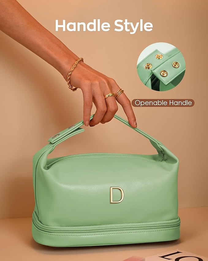 Teenage Girls Gifts Ideas, Personalized Makeup Bag with Handle, Initial Double Layer Cosmetic Bag with Makeup Brush Organizer, Cute Cosmetic Pouch for Women, Gifts for Friends Female Mom