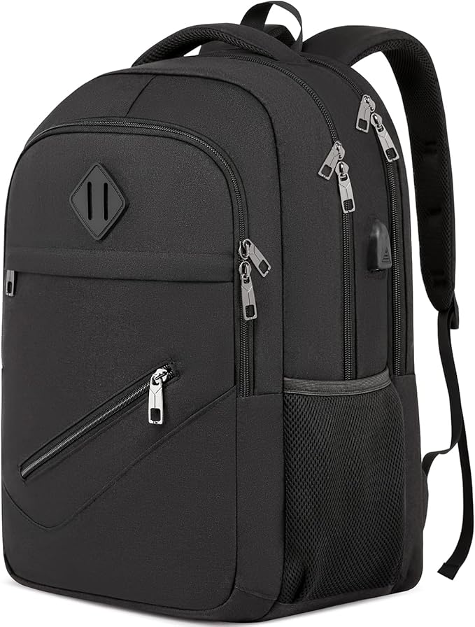 Black Backpack, School Backpacks for Teen Boys & Girls, Student Bookbag Fits 17.3 Inch Laptop with USB Charging Port, Water Resistant Travel Backpack, Sturdy Anti Theft Computer Bag Gifts Men Women
