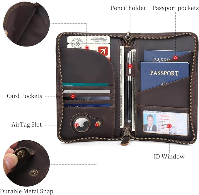 Polare Full Grain Leather Passport Holder With YKK Zipper RFID Blocking Travel Document Organizer Ticket Holder Cover Case Holds 2 Passports (Dark Brown with AirTag Slot)
