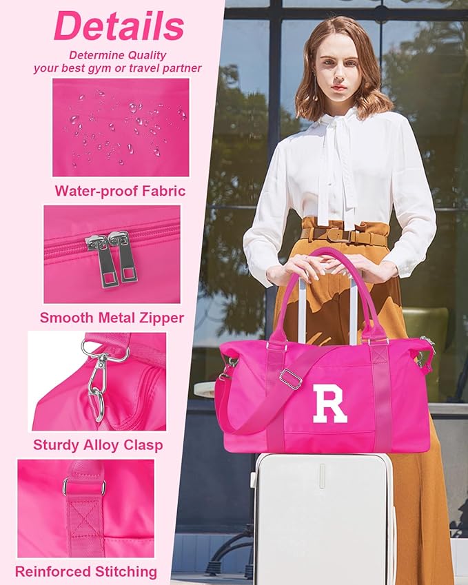 Overnight Bag for Kids Teen Girls Weekender Dance Bag Birthday Graduation Gifts,Initial Travel Duffel Bag Sports Gym Bag Personalized Weekender Bag Carry On Bags Preppy Gifts for Women(Hot Pink, R)