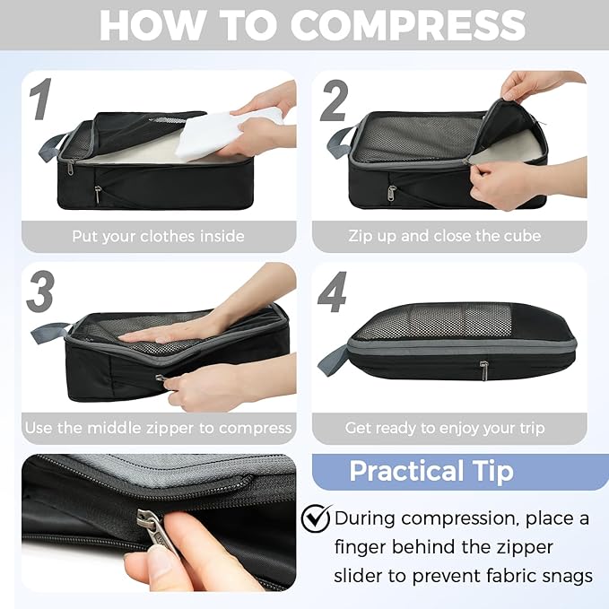 BAGAIL 4 Set/6 Set/8 Set Compression Packing Cubes Travel Accessories Expandable Packing Organizers (Half Mesh, 8-Jet Black)