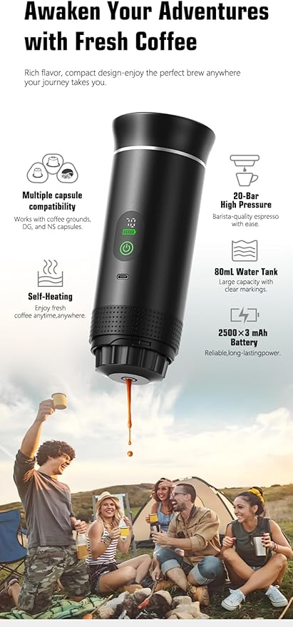 Portable Electric Coffee Maker, Digital Display, Compatible with Coffee Pods,Rechargeable Coffee Machine for Travel, Camping, RV,Home,Office (black)