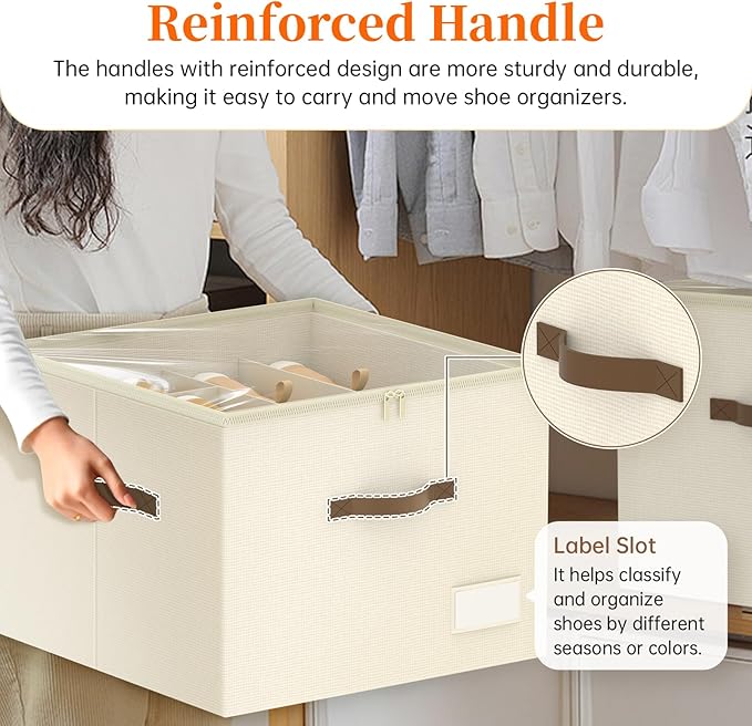 Shoe Organizer for Closet, 2 Pack Shoe Organizer with Clear Cover, Closet Shoe Storage Containers w/Adjustable Dividers, Foldable Storage Bins for Shoes, Fits 16-32 Pairs, Beige