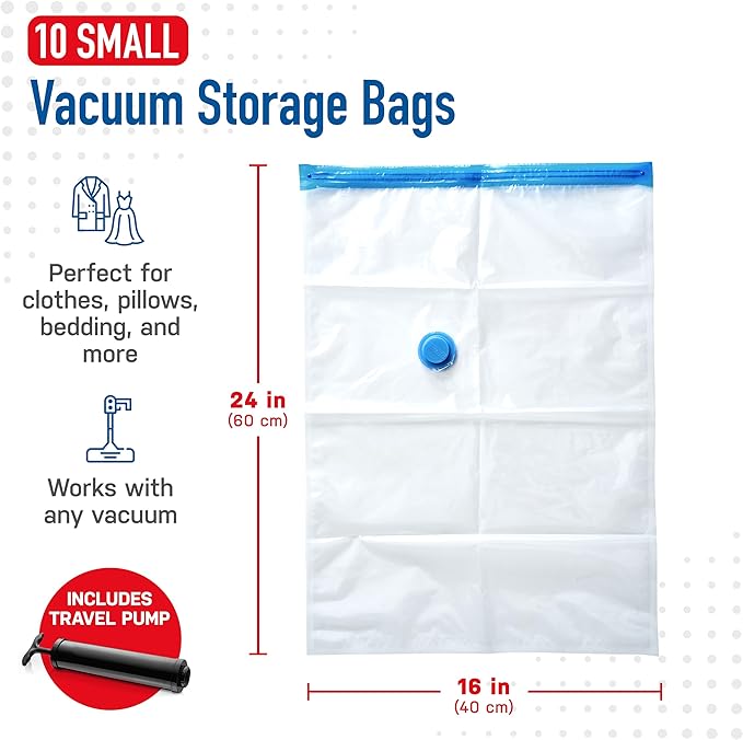 10 Pack Small Vacuum Storage Bags for Comforters, Blankets & Clothes – Vacuum Sealed Compression Bags with Hand Pump – Space Saver Storage Bags for Bedding, Moving, Travel & Organization
