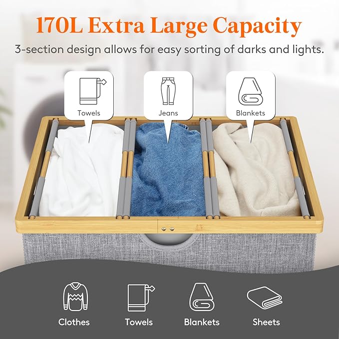 Lifewit 170L Triple Laundry Hamper with Lid, Extra Large Bamboo Laundry Basket Dirty Clothes Hamper,3 Section Laundry Bin Organizer for Laundry Room Bedroom with 3 Removable Liners & Bags, Light Gray