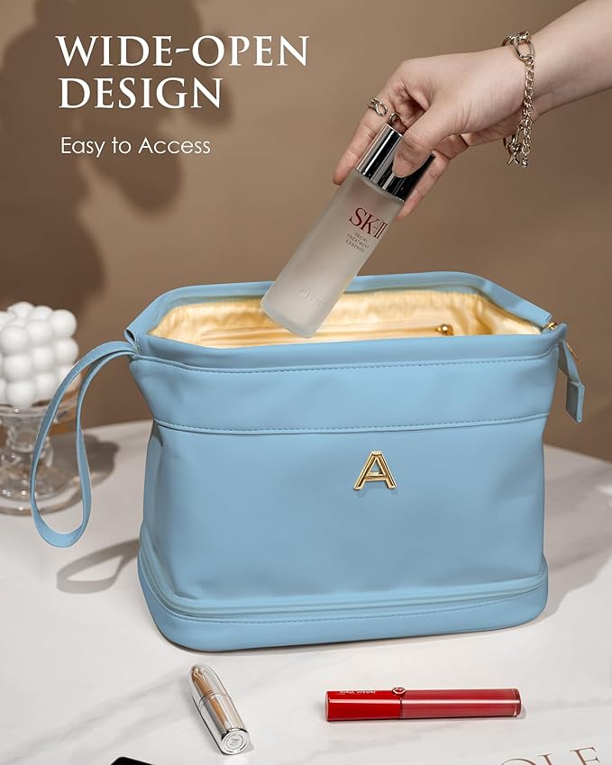 Travel Essentials for Women, Initial Makeup Bags, Personalized Double Layer Cosmetic Bag with Makeup Brush Organizer, Birthday Gifts for Girls-Girl Graduation Gifts