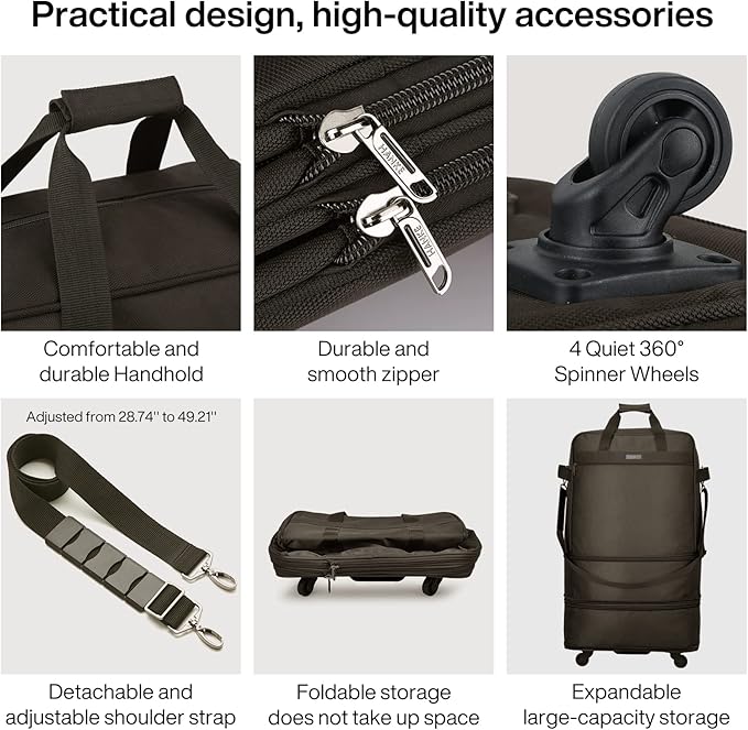 Hanke Suitcases with Wheels Expandable Foldable Luggage Bag Suitcase Collapsible Rolling Travel Bag Duffel Bag for Men Women Lightweight Suitcases without Telescoping Handle, Coffee