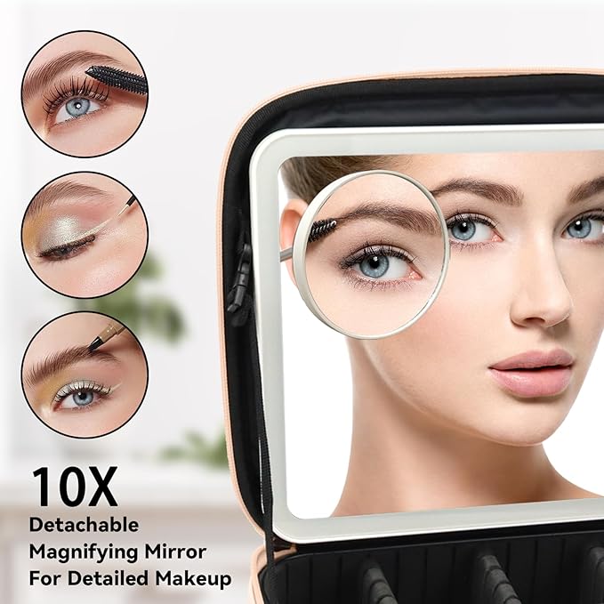 Travel Makeup Bag with LED Mirror and 10x magnifying glass with 3 Lighted Settings, Adjustable Dividers and Makeup Brush Storage Bag Khaki