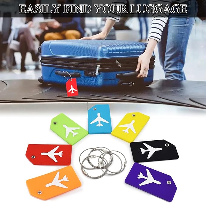 7 Pack Silicone Luggage Tag Baggage Handbag Travel Bag Tags with Name ID Card Perfect to Quickly Spot Luggage Suitcases (Blue)