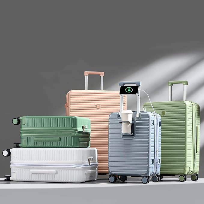 Hard Shell Suitcases Expandable Travel Luggage Sets 2 Piece, Carry on and Check in Luggage Lightweight Suitcase Set 2 Piece with Wheels Cup Holder Charger Built in (Silver, 20/28)