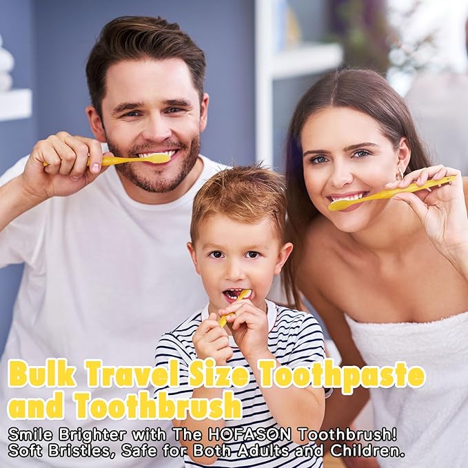 HOFASON Disposable Toothbrushes with Toothpaste Pack of 30, Yellow Hollow Travel Toothbrush Set with 5g Toothpaste Individually Wrapped Toothpaste Bulk for Homeless, Nursing Home, Shelter, Hotel
