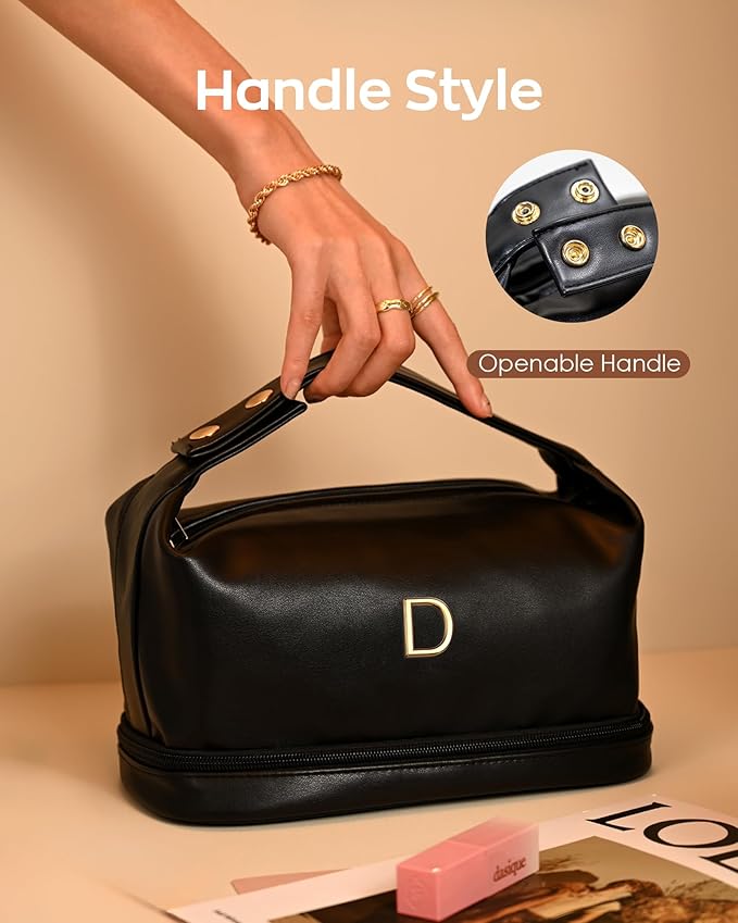 College Girls Gifts, Monogrammed Gifts for Women Makeup Bag with Handle, Double Layer Cosmetic Bag with Makeup Brush Organizer, PU Leather Travel Toiletry Bag, Gifts for Friends Female Mom