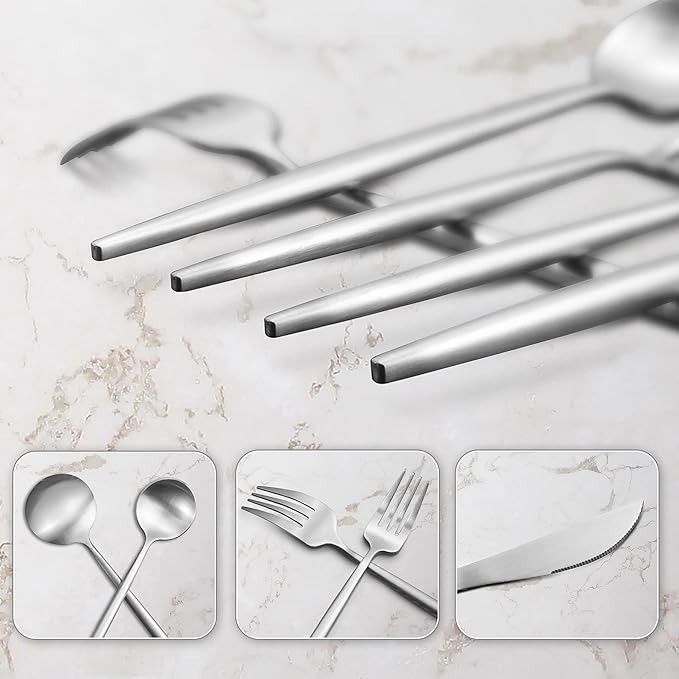 60-Piece Silverware Set, IBIILII JEFF Stainless Steel Flatware Set，Kitchen Utensil Set, Tableware Cutlery Set, Service for 12, Satin Finished Polished & Dishwasher Safe