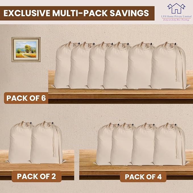 LFH Home Large Premium 100% Cotton Canvas Laundry Bag with Drawstring and Handles Heavy Duty, Multi-Use, and Washable for Home, Travel, College or Storage 28x36 (Pack of 4)-Natural