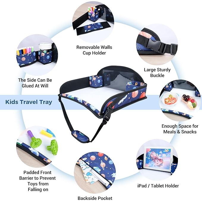 COOLBEBE Kids Travel Tray for Toddler Car Seat, Travel Tray for Airplane, Toddler Car Seat Lap Tray, Carseat Table Tray for Kids Travel Activities (Blue Space)