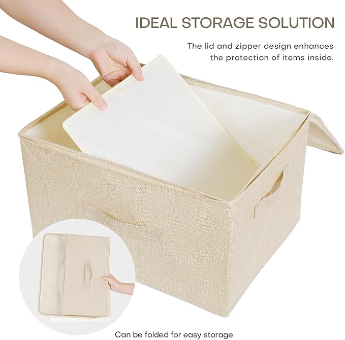 ANMINY Storage Bins with Zipper Lids 36 Qt Lidded Fabric Storage Boxes Baskets Cubes with Handles Collapsible Washable Cotton Linen Closet Shelf Clothes Organizer Containers - Beige, Large