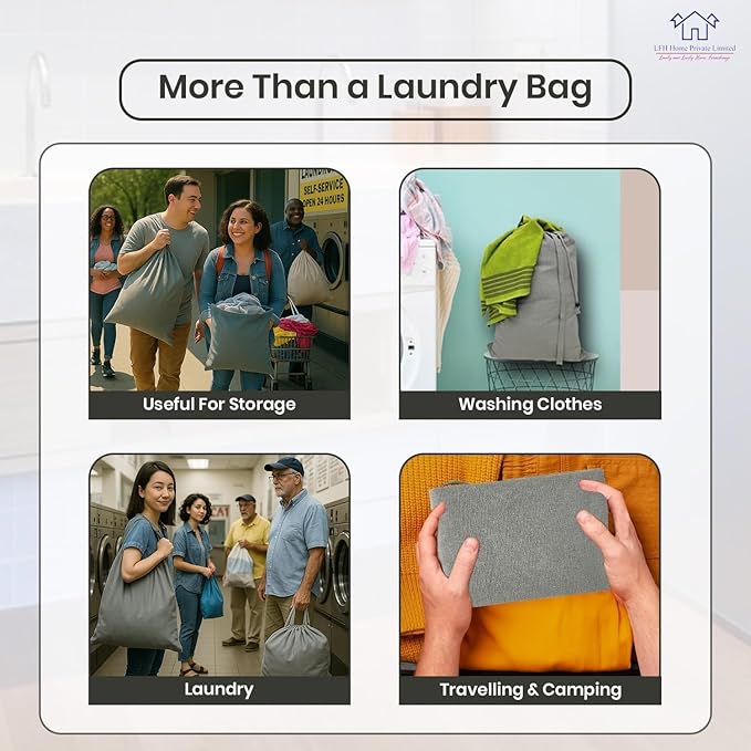 LFH Home Cotton Canvas Large Laundry Bag with Handle, Heavy Duty Drawstring Closure Washable Laundry Bags, School Travel, Home, Hotel, College Dorm, Organizer Sack, Toys Clothes 28x40 (Pack of 6)-Grey