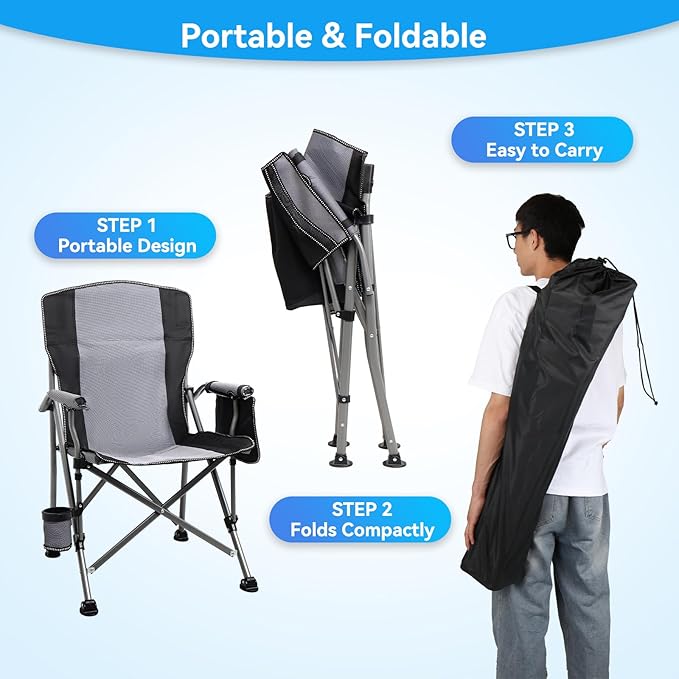 Camping Chair for Adults Heavy Duty Outdoor Patio Lawn Chairs Portable Support 350 LBS High Back Padded Oxford with Armrests, Storage Bag, Cup Holder, for Outside Fishing, Camping, Foldable