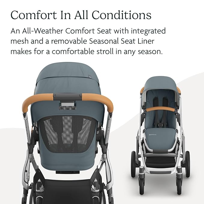 UPPAbaby Vista V3 Stroller - Full-Size Single-to-Double Stroller System - Toddler Seat, Bug Shield, Rain Shield, and Storage Bag Included - Callum (Stone Blue/Silver Frame/Sand Leather)