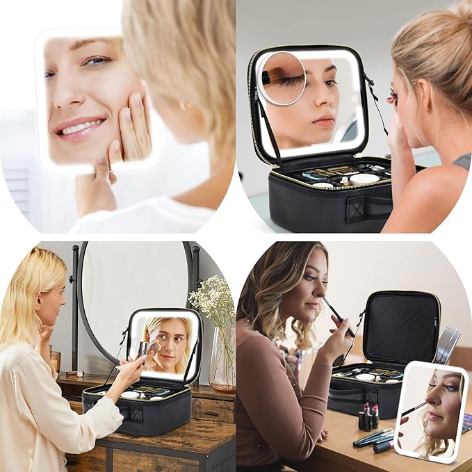 Travel Makeup Bag with Magnetic Removable Lighted Mirror, Cosmetic Bag Organizer with Mirror 360° Angle, Tri-Color LED Lighted Makeup Case, Portable Makeup Travel Train Case with Adjustable Dividers