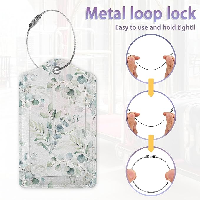 2Pcs Luggage Tag for Suitcase Sage Floral Green Leaves Cute Suitcase Tag with Privacy Flap & Name ID Label & Metal Loop,Travel Bag Luggage Tags for Women