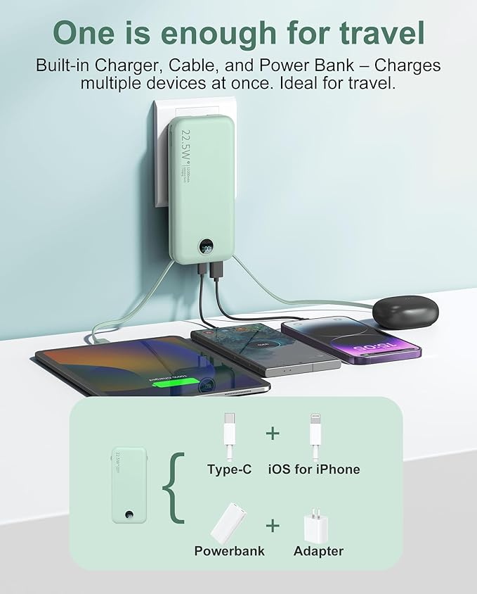 Portable Power Bank, 12000mAh 22.5W Phone Charger with Built-in Cables and Wall Plug, USB C Fast Charging Battery Bank with Smart LED Display, External Battery Pack for iPhone, iPad, Samsung etc Green