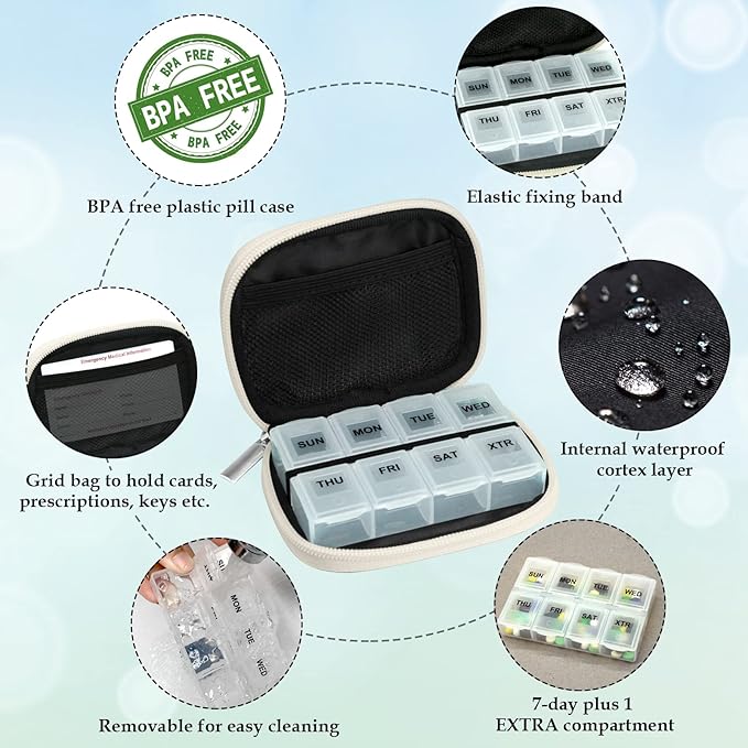 Serfeymi Weekly Travel Pill Organizer Pill Case for Purse with Removable 7 Day Pill Box, Fashionable Travel Medicine Organizer Pill Container for Medicine, Vitamin, Supplement - Bloom 02