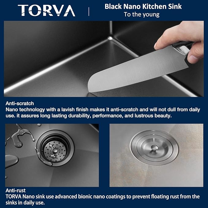 TORVA 30 x 18 Inch Black Ceramic Coating with NanoTek Undermount Kitchen Sink, PVD Coated Gunmetal Sink,16 Gauge Stainless Steel Wet Bar or Prep Sinks Single Bowl,Dark Grey