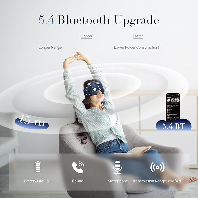 LC-dolida Sleep Mask with Bluetooth Headphones, Extra Large Silk Eye Mask for Sleeping Side Day Sleepers, Sleep Headphones Bluetooth 5.4 for Women Men with Thin Speaker, Blackout, Comfort, Microphone